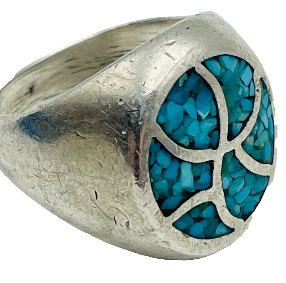 Turquoise Inlay Sz 7 Sterling Silver Signet Ring Handmade Unisex 11.14 grams VTG